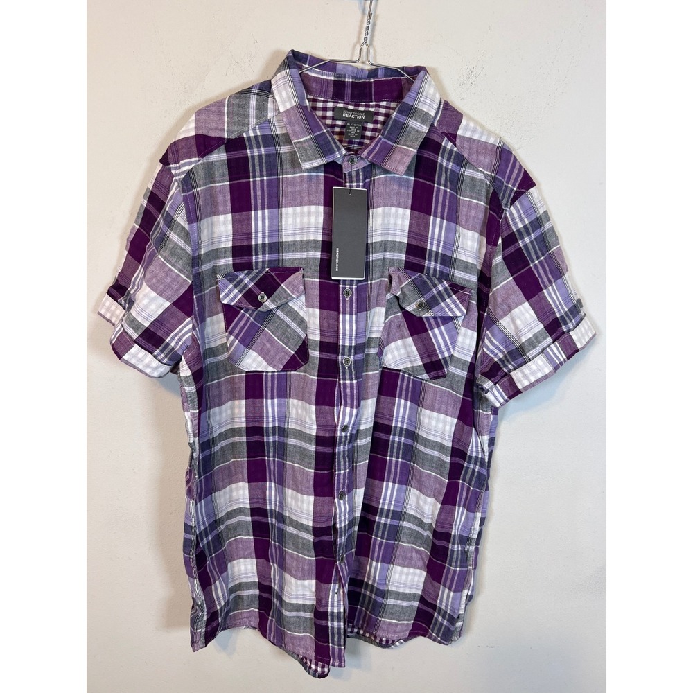 Kenneth Cole Reaction Mens Shirt Short Sleeve Plaid Purple XL NWT Flawed